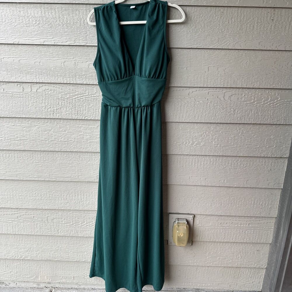 Halara Women's XL V-Neck Sleeveless Ruched Green Pocket Jumpsuit Easy Peezy